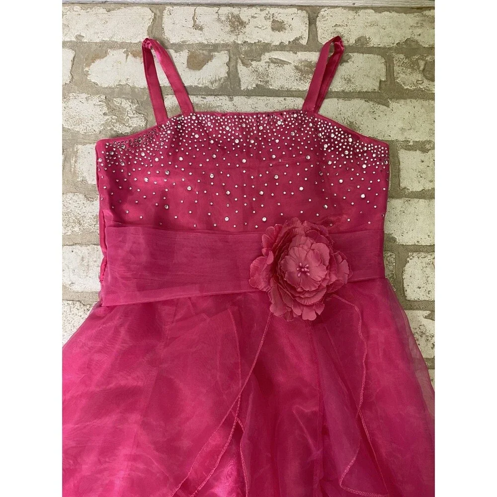 iEFIEL Girls Fuchsia Pink Rhinestone Organza Flower Dress size 10
